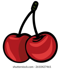 A vector vibrant illustration of two cherries connected by their stems. The cherries are bright red with a glossy finish, showcasing their round shape and natural shine.