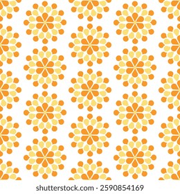 Vector Vibrant Orange and Yellow Floral Pattern. Repeating pattern featuring stylized flowers in warm shades of orange and yellow against a clean white background.