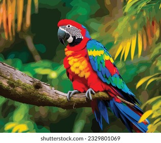 A vector vibrant parrot perched on a tree in a forest