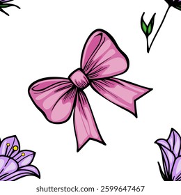 A vector vibrant pink bow surrounded by bellflowers elements on a white background, showcasing a playful and cheerful design.