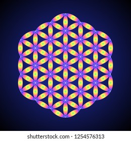 vector vibrant rainbow ornament design abstract mandala sacred geometry illustration Flower of life isolated on dark background  
