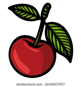 A vector vibrant red cherry with a green leaf, illustrated in a cartoon style. The cherry has a glossy finish, showcasing its round shape and stem.