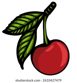 A vector vibrant red cherry with green leaves, illustrated in a cartoon style. The cherry is glossy and round, with a thick stem and detailed leaf texture.