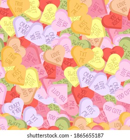 Vector vibrant seamless pattern with conversation hearts candy. Romantic background with heart-shaped candy for valentine day.