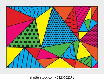 Vector vibrant template triangle shapes 80's-90's styles. Trendy memphis style on colorful background. Geometric pattern different shapes color style. Hipster style 80s-90s. Retro geometric elements