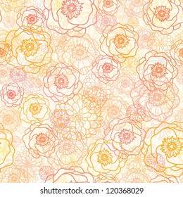 Vector vibrant warm flowers golden seamless pattern background with hand drawn line art floral elements.