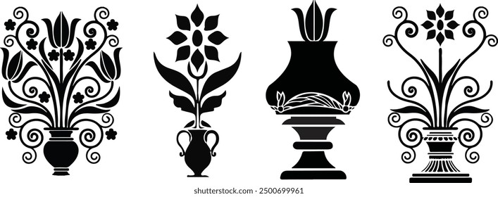 Vektor viktorianischen barocken Design-Elemente Blumenvase-Set. schwarz-weißes Muster Blatt Blume Tattoo	