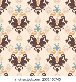 vector, Victorian Damask Pattern, Cream brown, pastel tones, Luxury, Seamless, Oriental Ethnic, Traditional, Aztec Abstract, Design for Surface, Fabric, Clothing, Textiles and Decor.