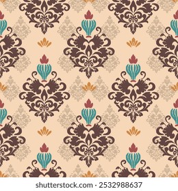 vector, Victorian Damask Pattern, Cream brown, pastel tones, Luxury, Seamless, Oriental Ethnic, Traditional, Aztec Abstract, Design for Surface, Fabric, Clothing, Textiles and Decor.