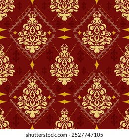 vector, Victorian Damask Pattern, Reddish, dark tones,Vintage style Luxury, Seamless, Oriental Ethnic, Traditional, Aztec Abstract, Design for Surface, Fabric, Clothing, Textiles and Decor.