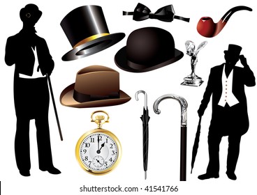 Vector Victorian gentleman set with objects and silhouette