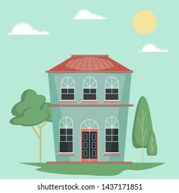 vector victorian house illustration, flat style buidings with trees around