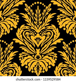 Vector Victorian pattern with damask decor. Vintage luxury chic abstract background with floral motif. Damask background in gold and black. Vintage Victorian seamless floral texture. Art deco pattern