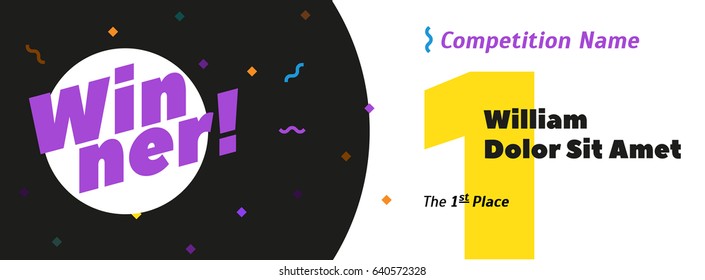 Vector victory banner: golden number 1 (one), text 1st place, white background with space for winner name & competition title. Round tire, radial circle vinyl record or sport challenge diploma header