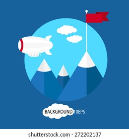 Vector victory concept in flat style. Abstract mountain peak with red flag. Testing, testing of a new model of airship. The concept of achieving a goal, winning, task completion, success.