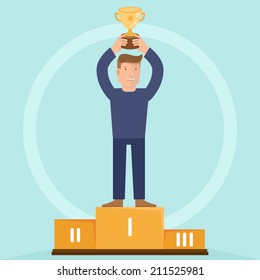 Vector victory concept - man holding golden bowl - illustration in flat retro style