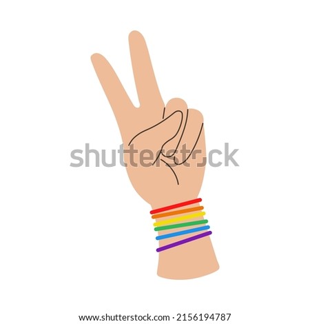 Vector victory hand with rainbow bracelet. Sign of victory or peace. LGBTQ+ clipart. Pride month.