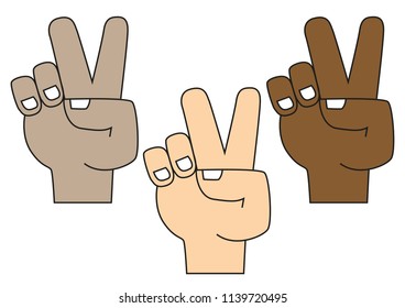 Vector Victory peace cartoon hand sign Isolated on white background - set of hands from different races, colors, nationalities
