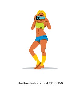 Vector Video Blogger Cartoon Illustration. Young woman girl holding a camera. Unusual Logo template isolated on a white background