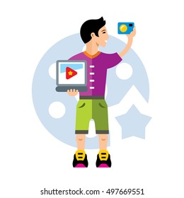 Vector Video Blogger. Flat style colorful Cartoon illustration.