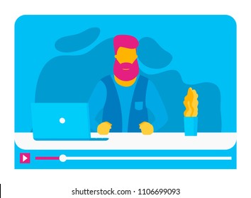 Vector video blogger image, sitting at the table, in front of the computer, video player styling