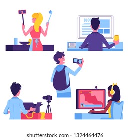 Vector video bloggers content concept set. Men, women making sport training vlogs, touristic and cosmetics reviews, shopping guides and live streaming. Modern digital business, freelance blogging.