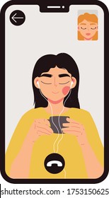 Vector de una videollamada. Distancia social, amistad, llamada telefónica, descanso, trabajo, conferencia, mujeres hablando, chat, charla de chicas, en línea, desde casa, trabajando desde casa