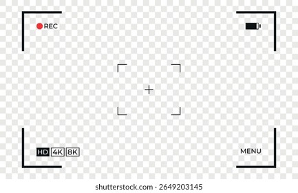 Vector video camera viewfinder frame. Minimal camera recording screen overlay for video editing and design projects. Transparent background, perfect for templates, presentations, and creative layouts.