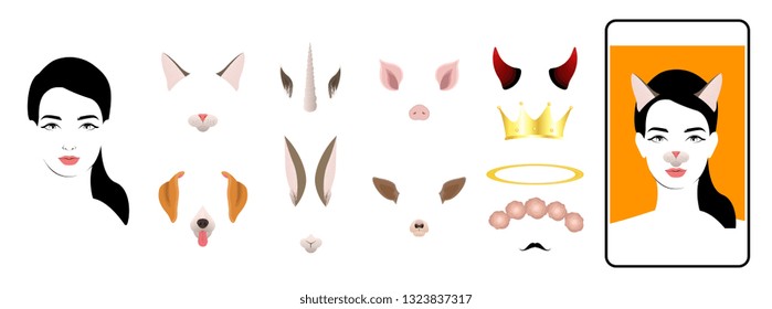 Vector video chat, selfie edditing mobile application funny faces set. Devil horns, angel nimbus, dog, cat ears effect set. Cute animal masks for self decoration. Isolated illustration