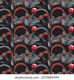 Vector video game console headphone steering wheel gameboy gamepad controller digital seamless repeat pattern Illustration texture