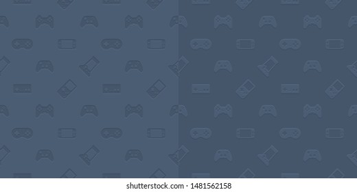 Vector video game and esport device set low relief seamless pattern background.
