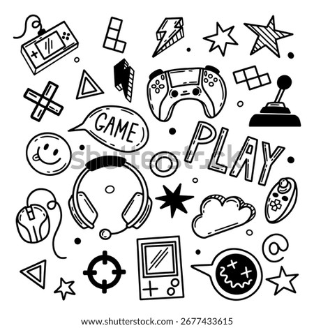 Vector video game hand drawn doodle set. Video gamer console, joystick, controller ellement. Perfect for video game-themed project.