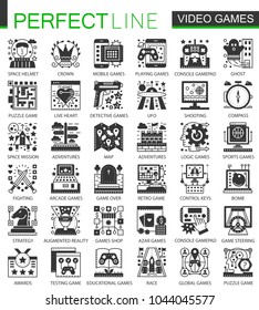 Vector Video games classic black mini concept icons and infographic symbols set.