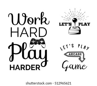 Vector video games labels set. Arcade game room. Let's play videogame. Arcade. Slot Machines. Set of Labels and Badges.