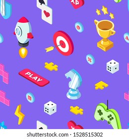 Vector Video Games Seamless Pattern. Gaming isometric Elements.