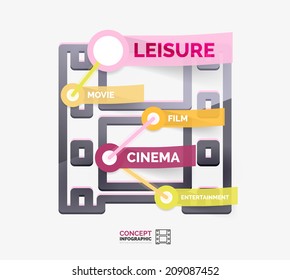 Vector video icon infographic concept. Modern flat line art icon design with connected cloud tags on transparent stickers