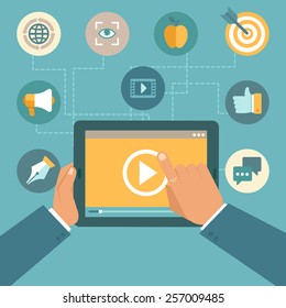 Vector video marketing concept in flat style - video player on the screen of tablet pc - infographics design element