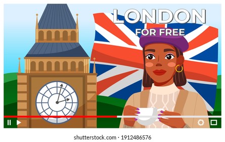 Vector video player interface. Screensaver of interview of a young girl about London. Traveling blog. Shooting reportage with blogger or content creator. Online tour or educational television project