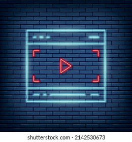 Vector video player, multimedia page neon sign. Vector illustration in neon style.