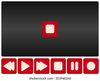 vector video player symbol with red and white buttons, rewind, play, forward, stop, pause, record icons isolated