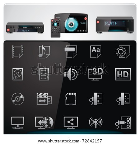 Vector video players features and specifications icon set