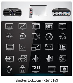 Vector video projector features and specifications icon set