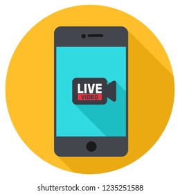  
Vector video stream technology mobile phone icon. Smartphone illustration in flat style. On the phone screen, a video icon with the text: Live Video.