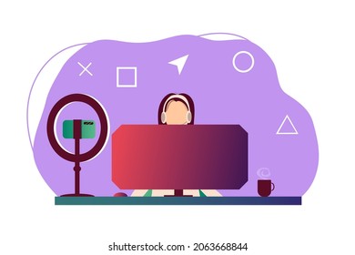 Vector video streamer. The girl player takes part in the stream, filming herself on video. cybersport