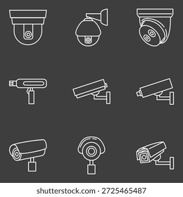 Iconos de contorno blanco de vigilancia de video de Vector
