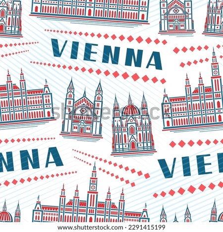 Vector Vienna Seamless Pattern, repeating background with illustration of historic european vienna city scape on white background for wrapping paper, decorative line art urban poster with text vienna