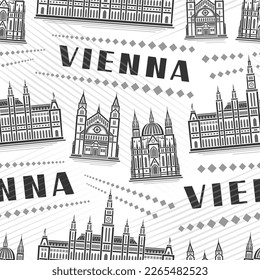 Vector Vienna Seamless Pattern, square repeat background with illustration of famous vienna city scape on white background for wrapping paper, monochrome line art urban poster with black text vienna