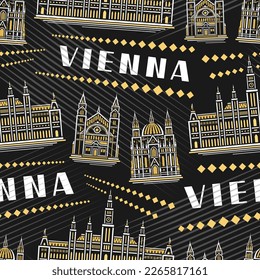 Vektorgrafik Wien Nahtlose Muster, quadratischer, mehrfarbiger Hintergrund mit Illustration von historischem Stadtbild Wien auf dunklem Hintergrund zum Einpacken von Papier, dekoratives Linien-Kunst-Stadtplakat mit weißem Text Wien