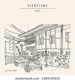 Vector Vientiane, Laos, Southeast Asia vintage hand drawn touristic postcard. Scooters parked at a restaurant in old town. Historical architecture travel sketch. Thai or Lao wooden house art poster