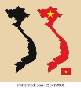 Mapa de esquema del vector del país de Vietnam con la bandera fijada en el fondo plano. La silueta del mapa del país se puede utilizar para plantillas, informes e infografías.